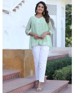 Green Chiffon Dobby Gathered Top With Flared Hemline