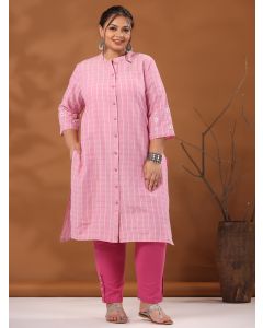Pink Plus Size Self Weave Checks Straight Embroidered Kurta With Solid Pants