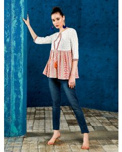 Ethnic Printed White And Maroon Peplum Top