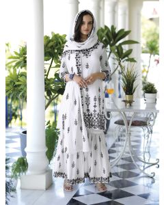 Embroidered Semi-Stitched Cotton Kurta And Sharara With Dupatta-1173 White