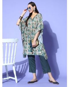 A Green Abstracted Print Muslin Embroidered Kaftan With A Solid Regular Fit Pants