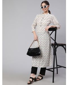 White & Peach Straight Fit Cotton Embroidered Kurta