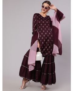 Wine Silk Printed Kurta With Sharara & Ombre Organza Dupatta