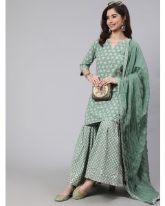 Green Woven Straight Printed Embroidered Kurta Set With Solid Dupatta