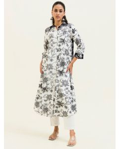 White Floral Printed A-line Viscose Rayon Kurta