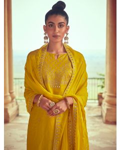 Mustard Straight Zardosi Work Kurta With Solid Pant & Embroidered Dupatta