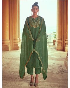 Olive Straight Zarodosi Work Kurta With Solid Pants & Embroidered Dupatta