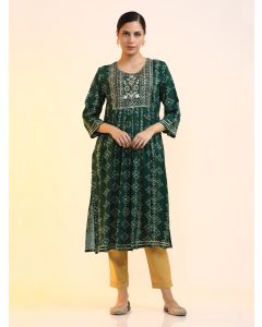 Embroidered A-Line Ethnic Motifs Kurta-1927 Green