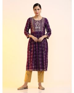 Embroidered A-Line Ethnic Motifs Kurta-1927 Purple