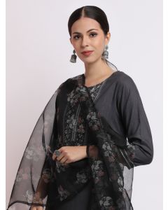 Grey Poly Silk Embroidered Kurta Set With Organza Dupatta 