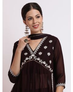 Wine Embroidered Georgette Kurta Set With Dupatta