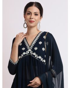 Navy Blue Embroidered Georgette Kurta Set With Dupatta