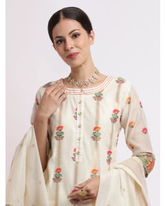 Off White Embroidered Chanderi Cotton Kurta Set With Dupatta