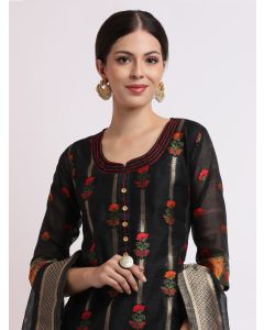 Black Embroidered Jacquard Kurta Set With Dupatta