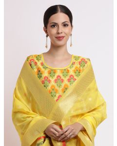 Yellow Woven Design Jacquard Kurta Set With Dupatta