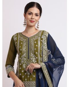 Olive Zari Embroidered Georgette Kurta Set With Dupatta