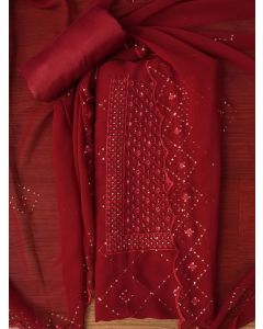 Maroon Embroidered Silk Georgette Dress Material with Dupatta