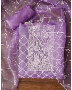 Purple Unstitched Embroidered Organza Dress Material With Dupatta