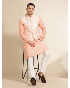 Peach Festive Kurta With Printed Nehru Jacket Set