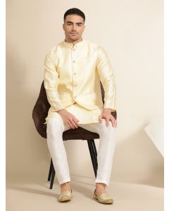 Beige Silk Blend Kurta With Woven Design Nehru Jacket Set