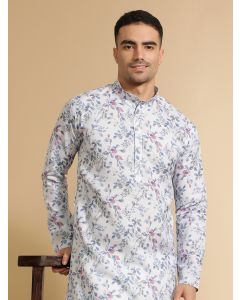 Floral Printed Off White & Blue Cotton Kurta for Men