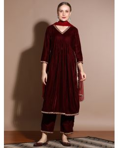 Festive Velvet Gathered Kurta Set With Net Dupatta