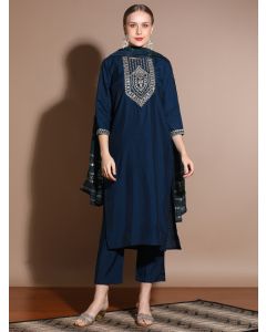 Navy Blue Festive Embroidered Kurta Set With Embellished Dupatta
