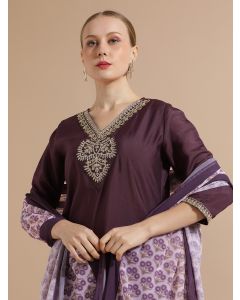 Purple Festive Embroidered Silk Blend Kurta Set With Printed Dupatta