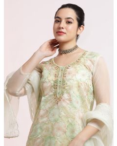 Pista Green Floral Embellished Organza Festive Kurta Set With Dupatta