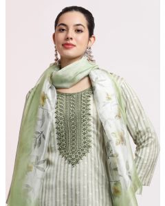 Green Woven Design Organza Kurta Set With Dupatta