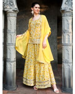 Yellow Floral Print Short Kurta With Skirt And Dupatta