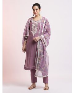 Floral Embroidered Festive Purple Kurta Set With Dupatta