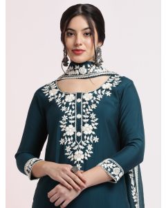 Teal Floral Embroidered Festive Kurta Set With Dupatta