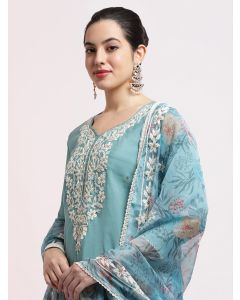 Sea Green Floral Embroidered Festive Kurta Set With Dupatta