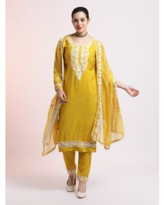 Mustard Gold Floral Embroidered Festive Kurta Set With Dupatta