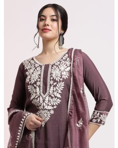 Lavender Floral Embroidered Festive Kurta Set With Dupatta