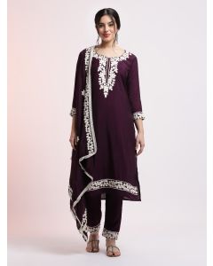 Purple Floral Embroidered Festive Kurta Set With Dupatta