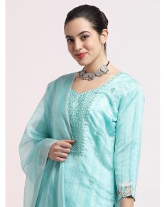 Sea Green Woven Design Organza Kurta Set With Dupatta