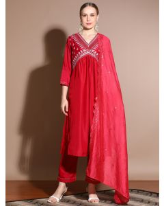 Red Velvet Solid Kurta Set With Dupatta