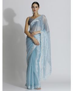 Party Wear Embroidered Tissue Blue Saree