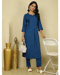 Teal Blue Pleated Straight Kurta With Pants