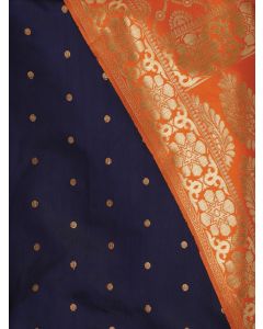Navy Blue Zari Woven Silk Blend Dress Material With Dupatta
