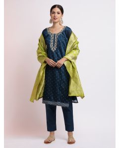 Teal Embroidered Cotton Blend Kurta Set With Dupatta