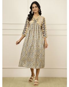 Mustard Geometric Printed Gathered Dress