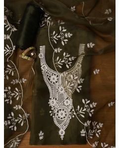 Mehandi Embroidered Organza Dress Material with Dupatta