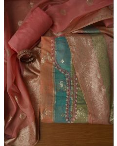Multi Color Zari Woven Silk Blend Embellished Dress Material With Dupatta	