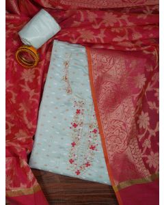 Light Green Unstitched Silk Blend Embellished Dress Material With Dupatta	