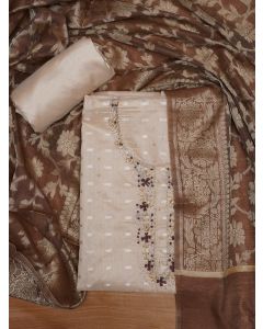 Beige Unstitched Silk Blend Embellished Dress Material With Dupatta	