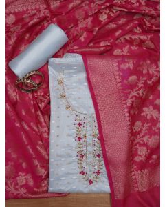 Teal Blue Unstitched Silk Blend Embellished Dress Material With Dupatta	