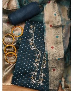 Unstitched Green Silk Blend Embellished Dress Material With Dupatta	